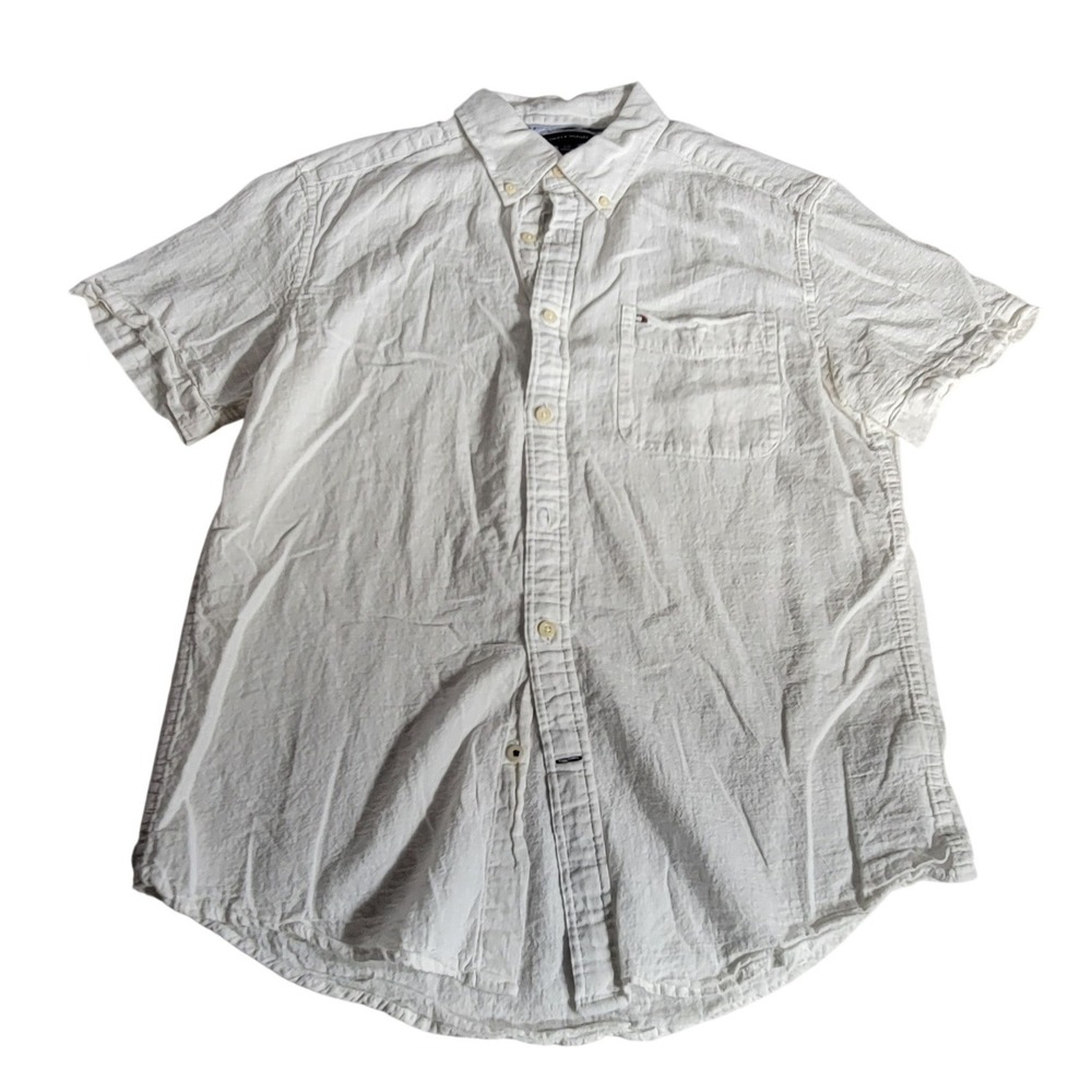 Tommy Hilfiger Mens White Linen Blend Short Sleeve Button Down Shirt Large L